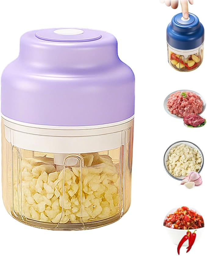 Electric Garlic Chopper, 2026 Upgraded Food Processor, USB Rechargeable Portable Wireless Veggie Chopper with 6 Stainless Steel Blades for Garlic Onion Chili Nuts Meat (purple, 250ml)
