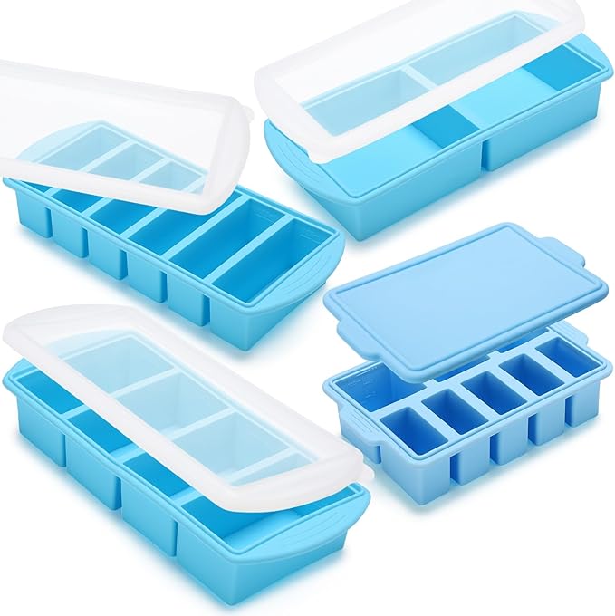 4 Pack Silicone Freezer Trays with Lid, 1/5, 1/2, 1, and 2 Cup Soup Freezer Molds Set Stainless Steel Frame Ice Cube Tray for Meal Prep Freezing Soup Stews Sauces Oven Microwave Safe(Blue)