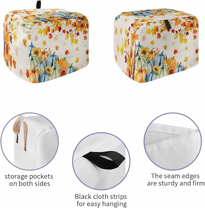 Thanksgiving Fall Toaster Cover 2 Slice, Blue Green Orange Pumpkins Dustproof Bakeware Oven Protector with Top Hook, Maple Leaf Waterproof Small Kitchen Appliance Toasters Dust Cover, 12"x7.5"x8"