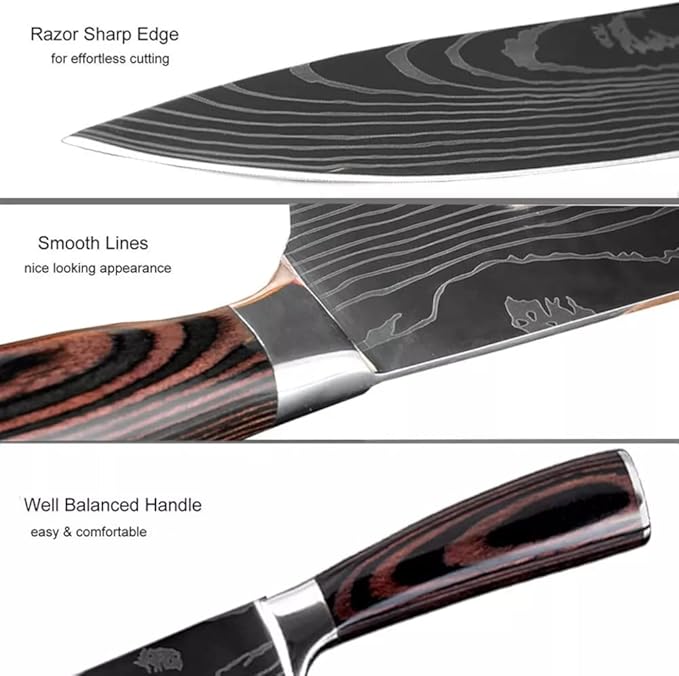 Epicurean Cook Majesty Series 8-Piece Premium Japanese Kitchen Knife Set - Ultra Sharp Laser Damascus Pattern - Professional Chef Hibachi Knives - Juego de Cuchillos para Cocina Profesional