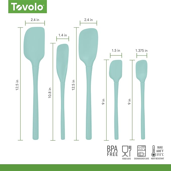 Tovolo Flex Core 5 Piece Silicone Spatula Set Heat Resistant All Silicone Utensils Include Non Stick Spatula Spoonula Jar Scraper, Dishwasher Safe Spatulas for Baking Mixing, Aqua Seafoam Green