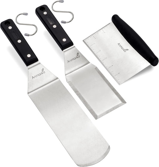 Anmarko Metal Spatula Stainless Steel Scraper - Professional Chef Griddle Spatulas Set of 3 - Heavy Duty Accessories Great for Cast Iron BBQ Flat Top Grill Skillet Pan - Commercial Grade