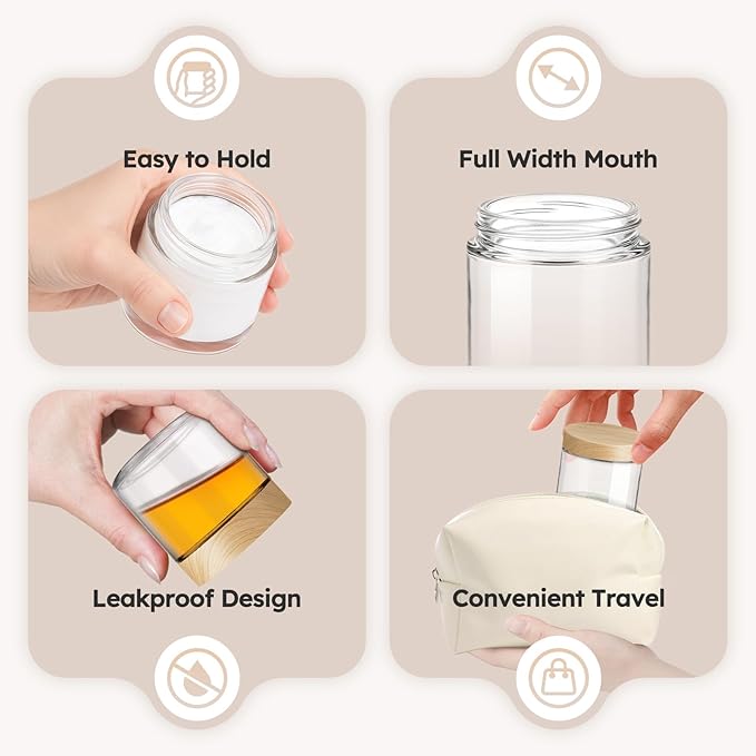 4 oz Glass Jars with Lids, 24 Pack Clear Small Glass Jars with Woodgrain Lids Leakproof Round Airtight Empty Cosmetic Travel Containers with Inner Liners For Lotions Powders and Candle Making