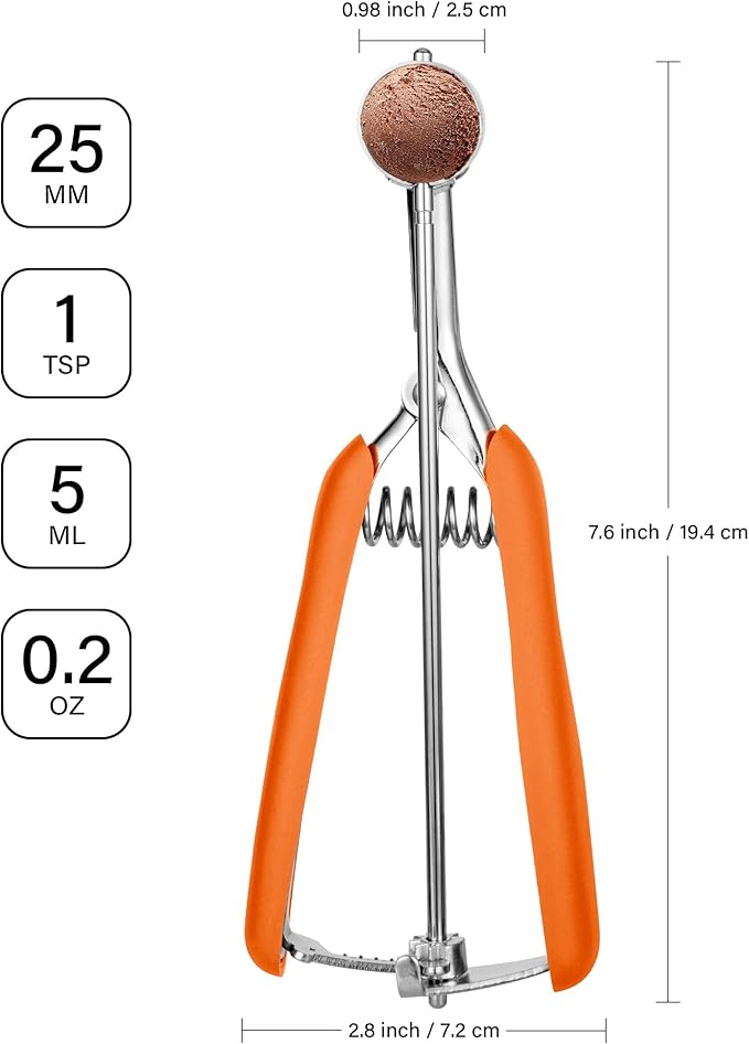 Extra Small Cookie Scoop, 1 Tsp Cookie Scoop, Mini Ice Cream Scoop for Melon Baller, Cookie Dough, 0.2oz/ 25mm, Easy Squeeze & Release, Orange