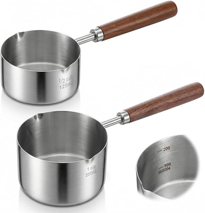 2 Pcs 18/10 Stainless Steel Butter Warmer Measuring Pan 8.5 oz and 4.2 oz Milk Coffee Chocolate Butter Melting Pot with Dual Pour Spout and Wooden Handle for Induction Cookers and Gas Stoves