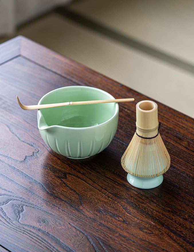 TANG PIN Matcha Set - Match Bowl and Whisk, 15 OZ, Matcha Scoop | Matcha Whisk Stand (Chasen Holder) - 4pc Perfect Matcha Kit for Matcha Tea Ceremony (Green)