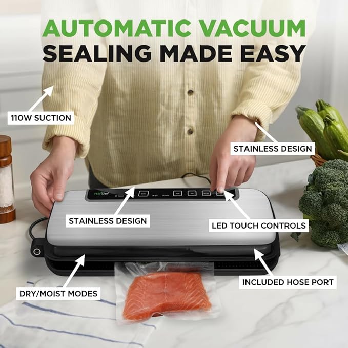 NutriChef Food Vacuum Sealer Machine, Stainless Steel Automatic Air Sealing System for Dry/Moist Foods, LED Touch Controls, Includes Vacuum Hose, Bag Roll and Wine Stopper, 110W Suction Power, 14"x6"