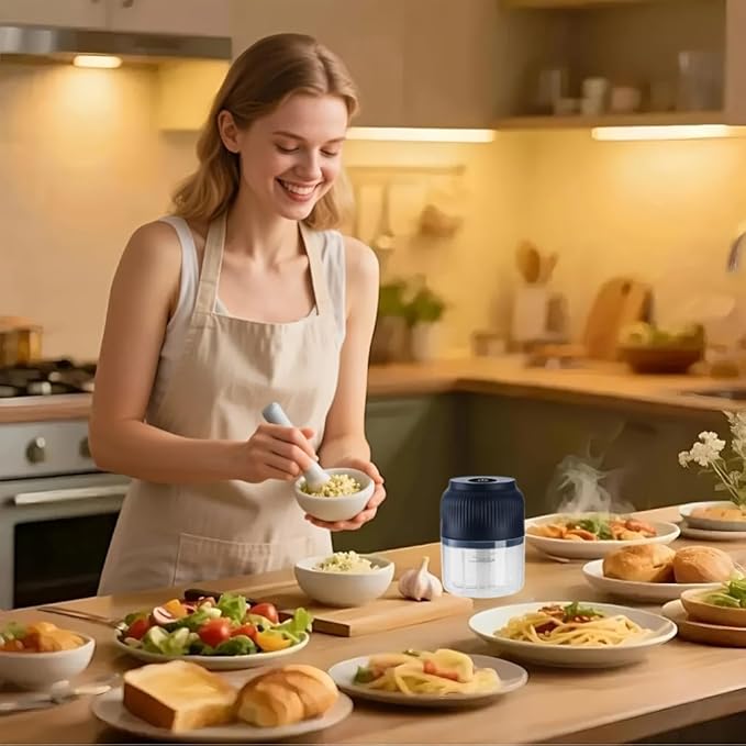 Electric Garlic Chopper,Mini Portable Veggie Cutter,Upgrade Electric Mini Garlic Chopper Set,Vegetable Chopper and Spiralizer with Container and Lid,USB Rechargeable (Blue*2)
