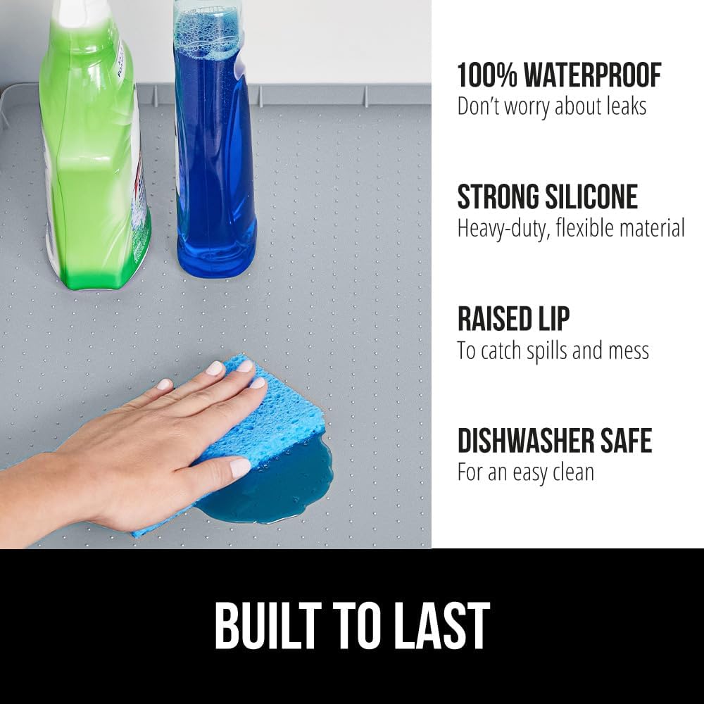 GORILLA GRIP Waterproof Silicone Under Sink Mat with Raised Lip for Kitchen and Bathroom, 31 x 22 in, Cabinet Shelf Liner Stay in Place Mats Dishwasher Safe Drawer Liner, Organizer Tray, Light Grey