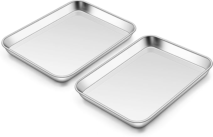 Homikit 2 Pack Baking Sheet, 10 x 8 Inch Stainless Steel Cookie Tray Set for Cooking Toasting, Small Metal Toaster Oven Baking Pan Non Stick, Rustproof & Mirror Finish, Dishwasher Safe