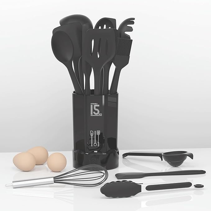 AOTHOD Silicone Cooking Utensils Set - 446°F Heat Resistant Kitchen Utensils,Spatula Sets,Turner Tongs,Spoon,Kitchen Utensil Gadgets Tools Set for Nonstick Cookware,Dishwasher Safe BPA Free (Gray)