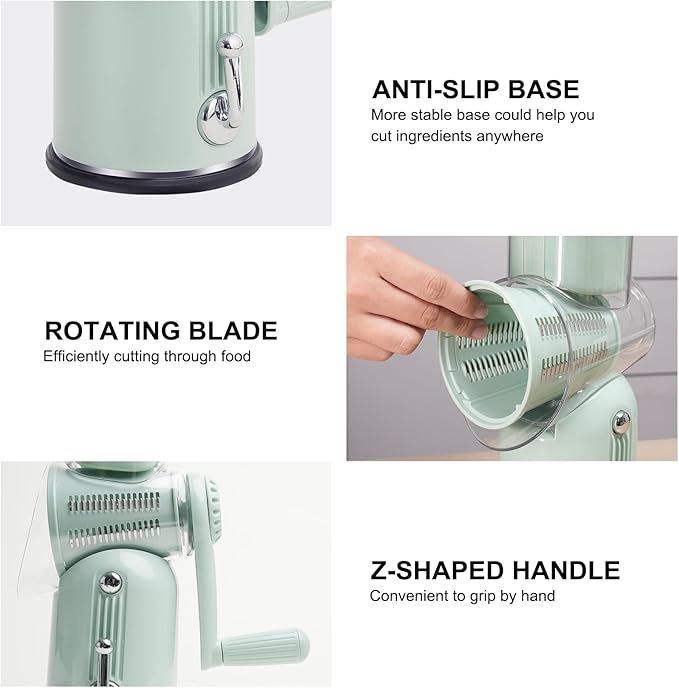 ZHANG XIAO QUAN SINCE 1628 5-in-1 Interchangeable Blades Rotary Cheese Grater Hand Crank, Cheese Shredder Mandoline Vegetable Julienne Slicer Cutter Nut Chopper with Anti-Slip Base, Green