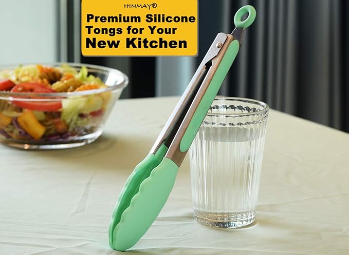 Stainless Steel Kitchen Cooking Tongs with Silicone Tips 9-Inch Serving Tongs, Set of 3 (Mint Pink Yellow)