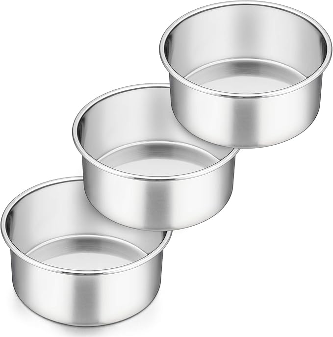 P&P CHEF 6 Inch Cake Pans Set, Round Baking Pan Stainless Steel Layer Birthday Wedding Cake Oven Pans, Non Toxic & Heavy Duty, Deep Side & Mirror Finish, Dishwasher Safe, (3Pcs)