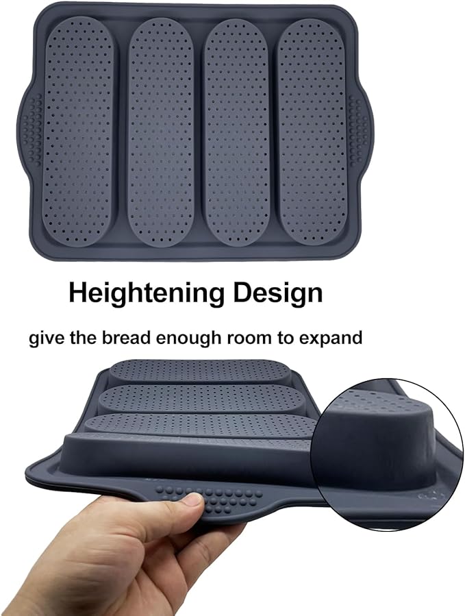 4-cavity Silicone Bread Loaf Pan, Nonstick Sourdough Loaf Pan & Heat Resistant Baguette Bread Pan, Bread Pans for Homemade Bread, Silicone Molds for Baking Hoagie Rolls, Sandwich, Hot Dog Buns