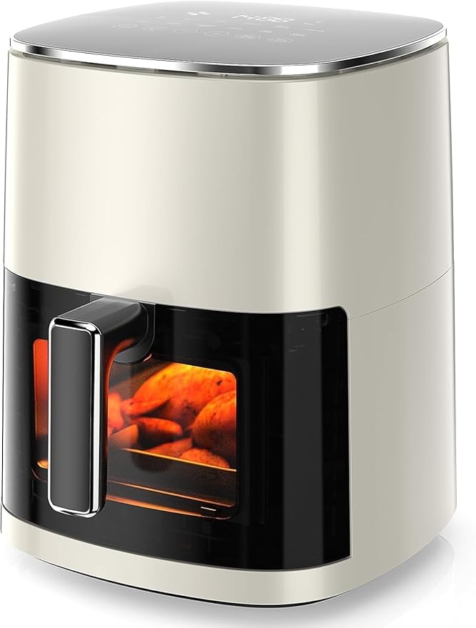 Hexago Air Fryer-6.34 QT Large Airfryer with Clear Window, 12-in-1 Air Fry, Roast, Reheat, Dehydrate, Bake, Steam with 400F, Touchscreen Controls, Beige
