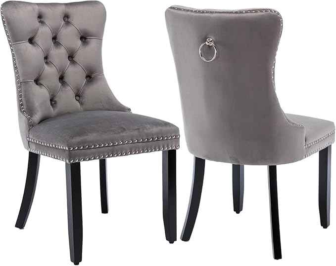 Grey Velvet Dining Chairs Set of 2, Upholstered Dining Room Chairs with Back Ring Pull Trim and Solid Wood Legs,Tufted Wingback Kitchen Chairs for Dining Room,Living Room,Kitchen(Grey)