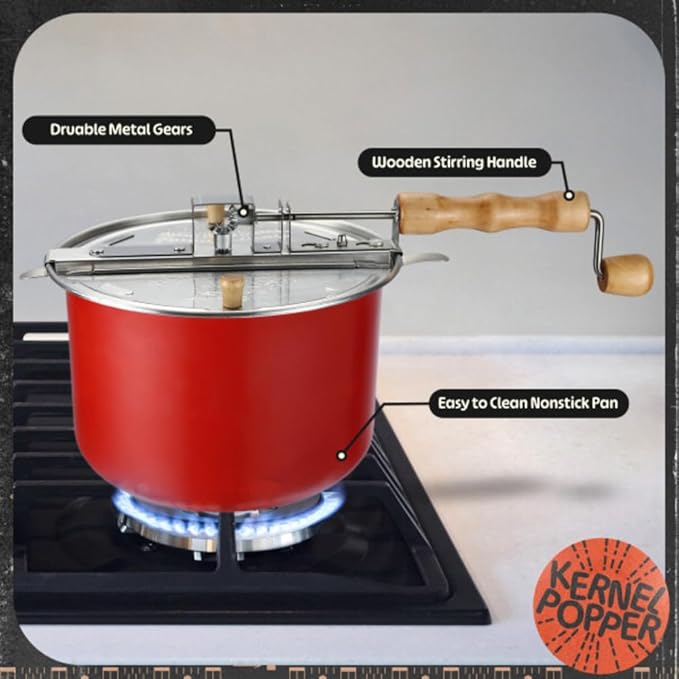 Stovetop Popcorn Maker – 6.5-Quart Popper Pan with Wooden Crank Handle and Internal Kernel Stirrer by Great Northern Popcorn (Red)