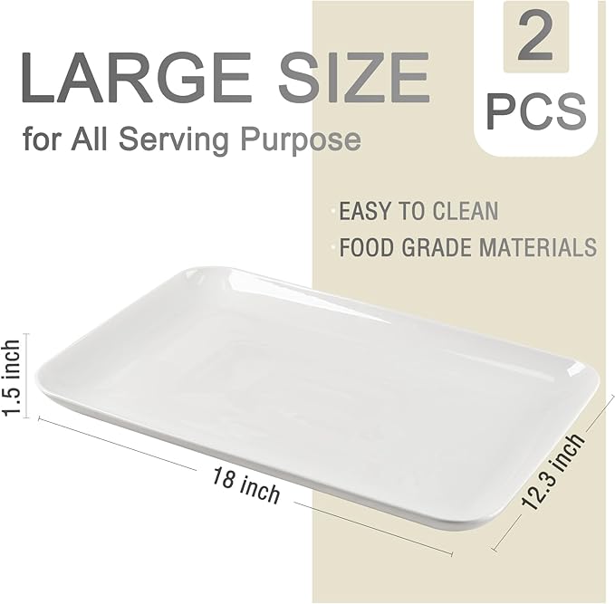 DELLING 18 Inch Large Serving Platter Set of 2, White Porcelain Serving Trays 18" x 12.3", Rectangular Platters for Turkey Fruit Appetizer Party, Oven Microwave Dishwasher Safe, Wedding Entertaining