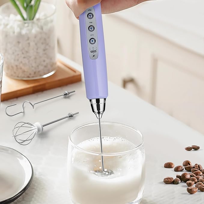 Sakgos Milk Frother Handheld Rechargeable - Electric Whisk 3 Speed Adjustable, Coffee Frother Wand with 3 Stainless Whisks, Electric Foam Maker, Drink Mixer Blender for Latte Cappuccino Matcha Egg