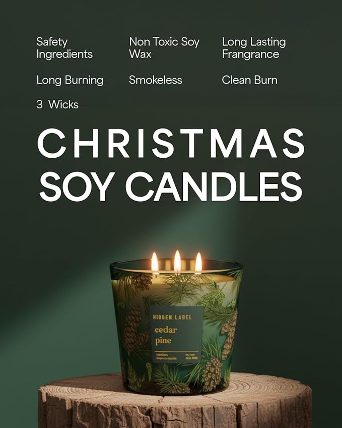 Cedar Pine Scented Candle, 30oz Natural Soy Wax, 3 Wick Large Winter Forest Candle for Home, 100+ Hours Clean Burn, Fresh Cut Christmas Tree Aroma for Holiday Decor, Stress Relief & Gifting