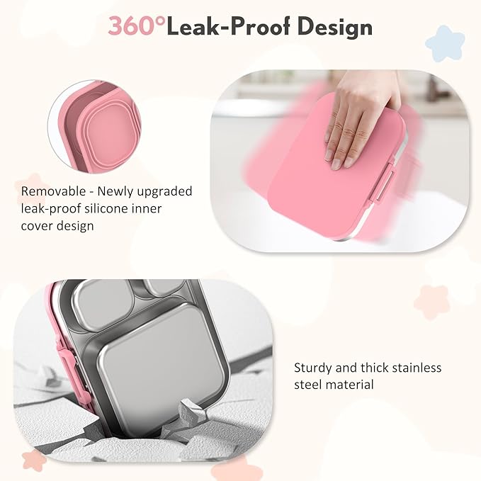 Howeemo Stainless Steel Bento Box Kids, Leak Proof Metal Bento Lunch Box,3 Compartments 304 Stainless Steel Bento Lunch Containers for School and Office, BPA-Free(Pink)