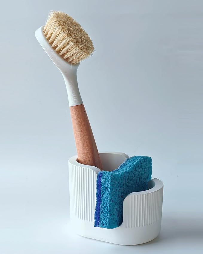 2-in-1 Diatomite Sponge Holder for Kitchen Sink, Quick-Drying Dish Sponge and Brush Holder, Dish Wand Holder, Diatomite Stone Sink Tray, Ultra Absorbent Sinks Caddy Organizer,White