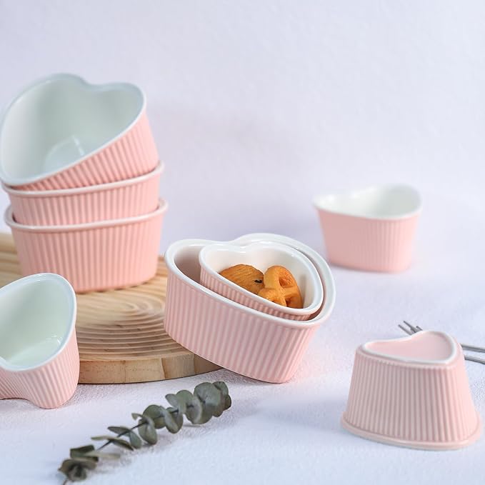 Sizikato Heart-Shaped Pink Porcelain Souffle Dishes, Ramekins - 3.5 Inches for Souffle, Creme Brulee and Dipping Sauces - Set of 4