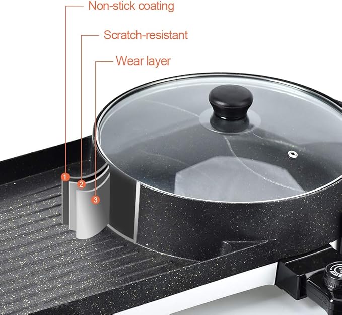 SEAAN Hot Pot with Grill, Korean BBQ Grill Indoor Hotpot Pot Electric Combo, Shabu Shabu Pot with Divider KBBQ Grill Smokeless Non-stick Separate Dual Temperature Control, for 2-12 People, 110V