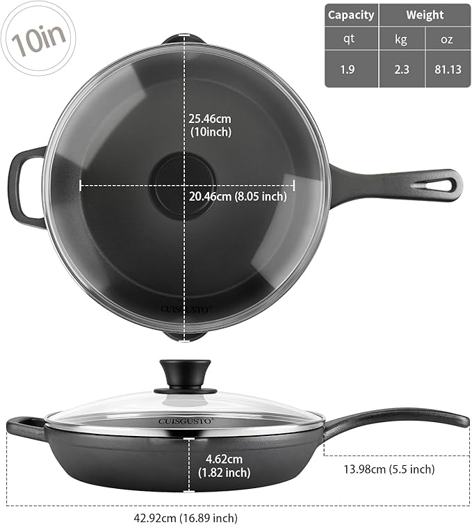 10 Inch Cast Iron Skillet with Tempered Glass Lid, Pre-Seasoned Cast Iron Pan, Silicone Handle Cover & Scraper, Great for Family Meals & Home Cooking