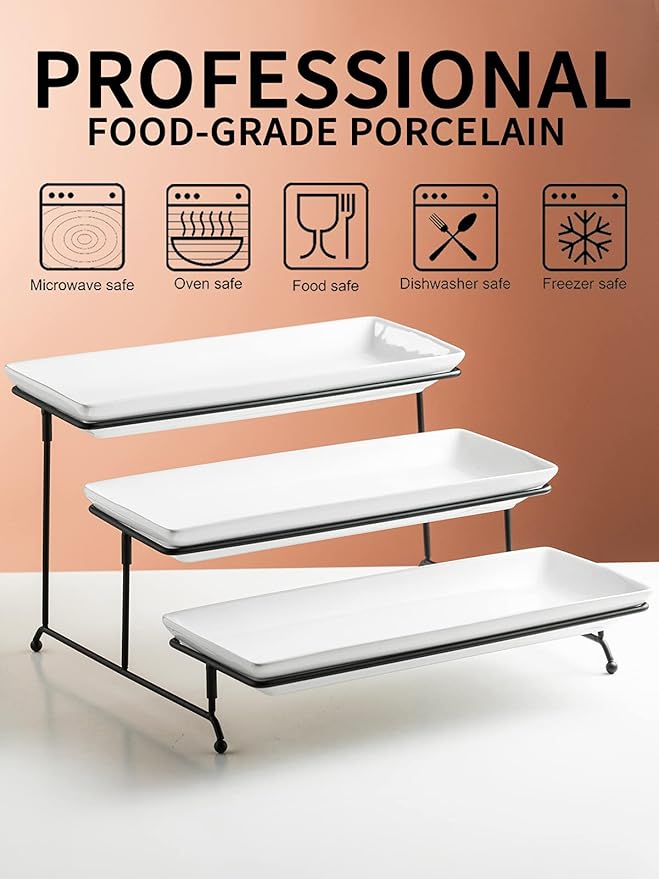 Gomakren 3 Tier Serving Trays Stand 14 Inches Serving Platters Rectangular Large Serving Plates for Party Display Set Collapsible Sturdier Rack, White Serving Trays and Platters