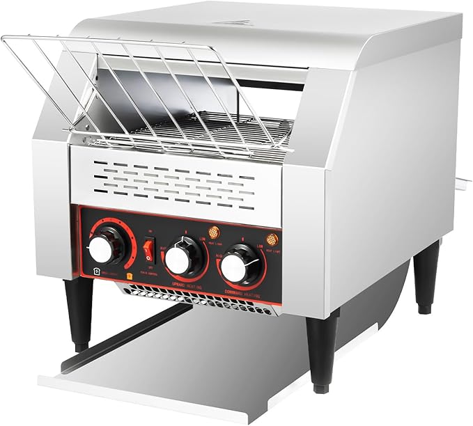 Commercial Conveyor Toaster 2200W, 300 Slices/Hour Stainless Steel Bread Oven with Dual Temp Control & Double Chutes - 7-Speed Adjustable