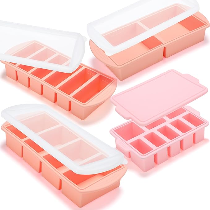 4 Pack Silicone Freezer Trays with Lid, 1/5, 1/2, 1, and 2 Cup Soup Freezer Molds Set Stainless Steel Frame Ice Cube Tray for Meal Prep Freezing Soup Stews Sauces Oven Microwave Safe(Pink)