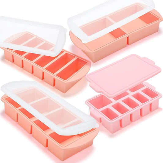 4 Pack Silicone Freezer Trays with Lid, 1/5, 1/2, 1, and 2 Cup Soup Freezer Molds Set Stainless Steel Frame Ice Cube Tray for Meal Prep Freezing Soup Stews Sauces Oven Microwave Safe(Pink)