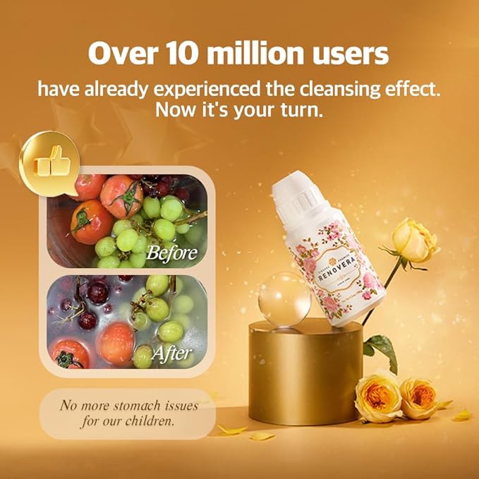 Renovera Fruit & Vegetable Wash | 1 Bottle Lasts 1 Year, Gentle Enough for Baby Food, Single Ingredient, Removes Residues, Calcium Helps Keep Produce Fresh 20x Longer