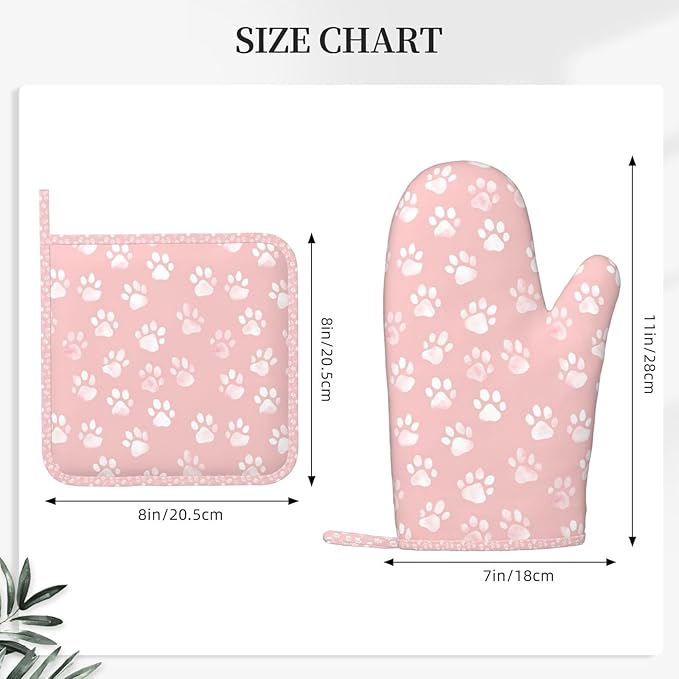 Oven Mitts and Pot Holders Pastel Pink Dog Paw Pattern Silicone Kitchen Accessories Set of 4 Heat Resistant Long Gloves Potholder Non-Slip Grip for Chef Baking Cooking Grilling BBQ