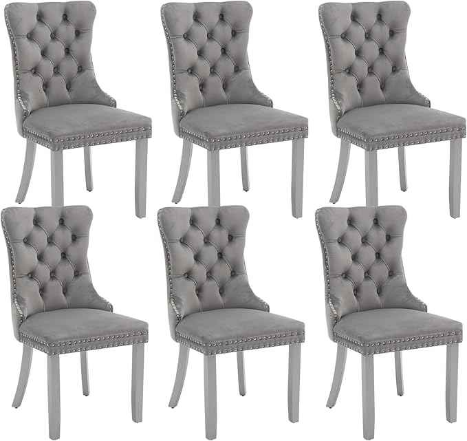 Velvet Dining Chairs Set of 6, Kitchen & Dining Room Chairs, Upholstered Dining Chairs with Back Ring Pull and Silver Solid Wood Legs, Modern Tufted Kitchen Chairs for Dining Room, Light Grey