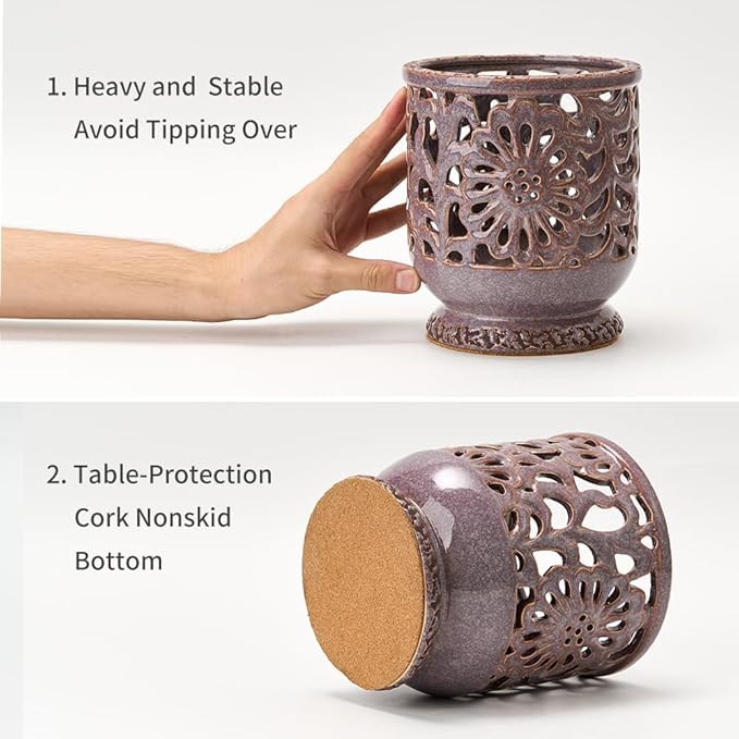 Farmhouse Kitchen Utensil Holder for Countertop, Ceramic Large Cooking Utensil Crock with Cork Mat, Decorative Rustic Utensil Holder for Kitchen Counter, Hollow Carving Flower, Purple