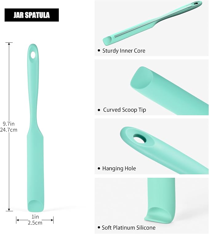 Doosu 18/8 Stainless Steel Food-Grade Measuring Coffee Scoop with 4.3in Long Handle (1 & 2 Tbsp) and 600°F Heat Resistant Silicone Jar Scraper Spatula (Aqua Sky)