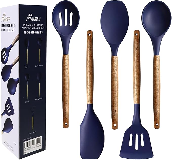 Miusco Non-Stick Silicone Kitchen Utensils Set with Natural Acacia Hard Wood Handle, 5 Piece, Midnight Blue, BPA Free, Baking & Serving Silicone Cooking Utensils