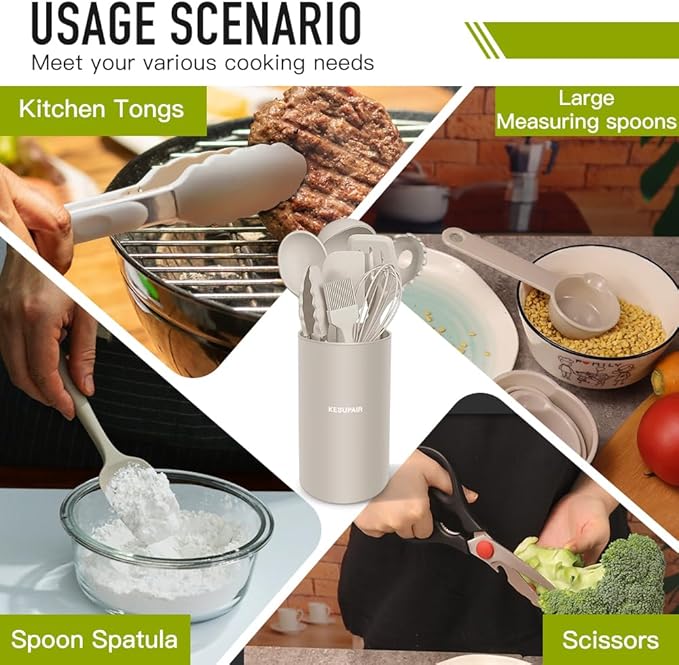 Kitchen Utensils Set - 446°F Heat Resistant Silicone Cooking Utensils Set-Kitchen Tools and Gadgets for Cooking Nonstick Cookware with Tongs,Turner,Spatula,Spoon,Brush,Peeler,Grater,Scissors (Khaki)