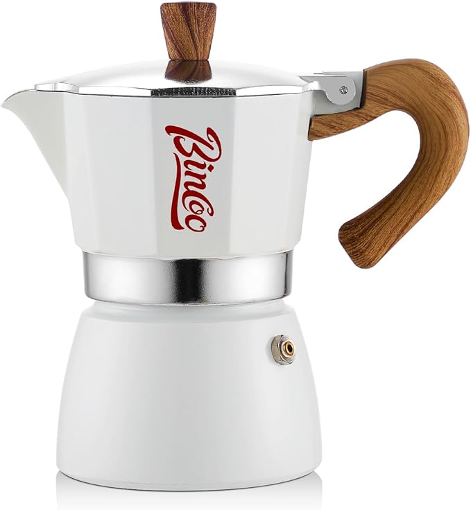 Bincoo Espresso Maker Stovetop, Moka Pot 3 Cups, Espresso Pot Classic Italian Coffee Maker,Single Safety Valve (White, 3 Cup)