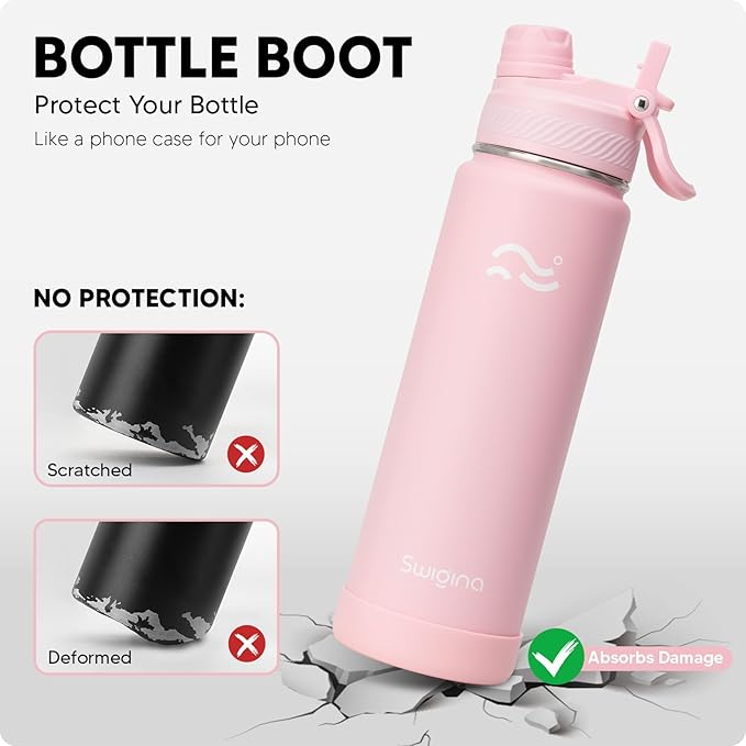 Swigina [2-IN-1 LID] Insulated Water Bottle with Silicone Boot (36hrs Cold/18hrs Hot) - DIY Stickers, Leakproof, BPA Free, 24 oz
