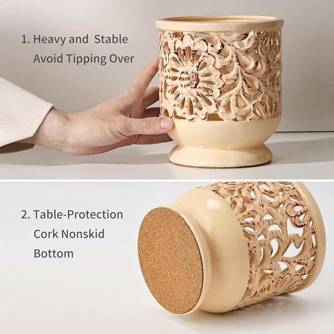 Farmhouse Kitchen Utensil Holder for Countertop, Ceramic Large Cooking Utensil Crock with Cork Mat, Decorative Rustic Utensil Holder for Kitchen Counter, Hollow Carving Flower, Beige