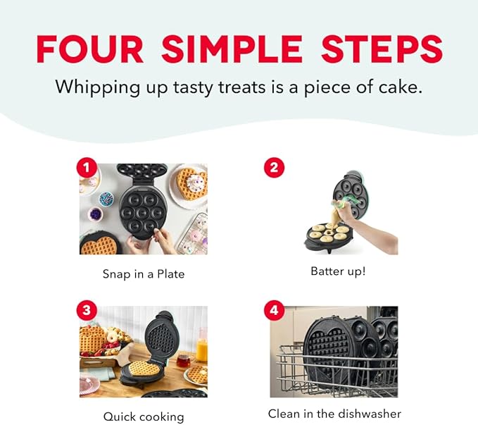 Dash MultiMaker® Treat Maker System - Make Mini Donuts, Cupcakes & Heart-Shaped Waffles - Interchangeable Plate Design - dishwasher safe Parts for Easy Cleanup - Aqua