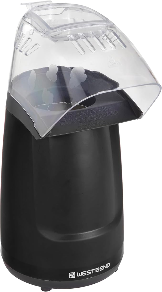 West Bend Air Crazy Hot Air Popcorn Popper Machine 4-Quart Oil-Free Popping for Healthier Snacks Dual-Purpose Measuring and Butter Cup On/Off Switch Compact Design, in Black
