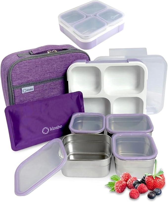 kinsho Stainless Steel Bento Lunch Box Set For Adults, Kids - Insulated Bag And Ice Pack - Leak-Proof Metal Compartment Meal Prep Food & Snack Containers For Work Travel School Daycare, 36 Oz Purple