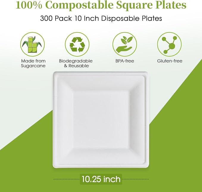 ECOLipak 10 Inch Square Paper Plates, 300 Pack Compostable Heavy Duty Biodegradable Paper Plates, Made from Sugarcane, Eco Friendly White Disposable Plates for Party, Dinner