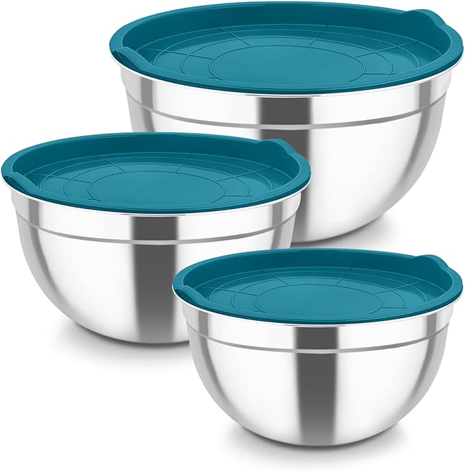 TeamFar Mixing Bowls, Stainless Steel Nesting Salad Bowls with Airtight Lids Set, For Serving/Mixing/Storing, Healthy & Heavy-duty, Dishwasher Safe & Easy Clean, 4.6/3 / 1.5 QT, Navy Blue