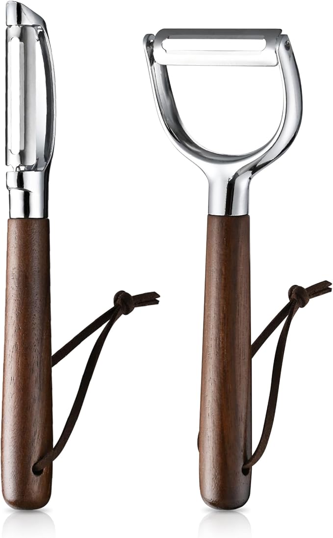 Ugotit Fruit Vegetable Peeler Set for Kitchen, Stainless Steel Potato Peelers Ultra Sharp Swivel Blade, Premium Real Wood Handle Leather Strap (Y&I Shaped)